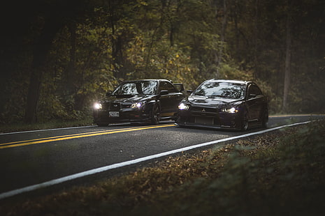 two black cars, road, autumn, forest, leaves, trees, foliage, lights, Subaru, WRX, Mitsubishi, Lancer, Evolution, front, STI, HD wallpaper HD wallpaper