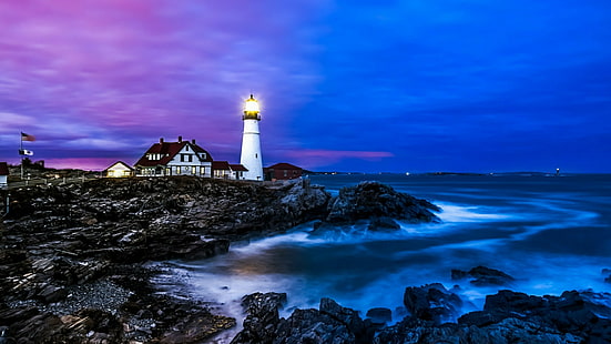 mar, torre, cielo, faro, apuntalar, luz principal de Portland, costa, Oceano, oscuridad, horizonte, Maine, Estados Unidos, Estados Unidos, Fondo de pantalla HD HD wallpaper
