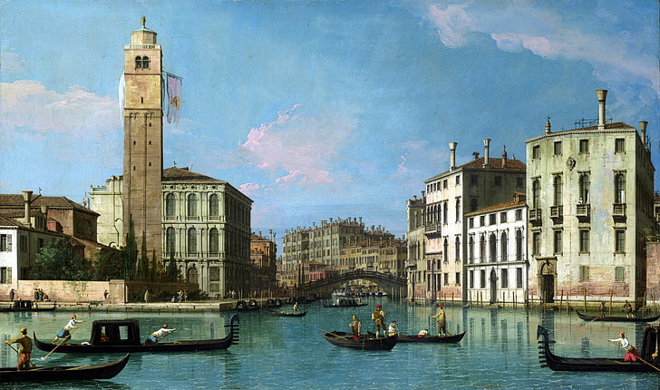 krajobraz, łódź, dom, obraz, Wenecja, kanał, Canaletto, Wenecja: Wejście do Cannaregio, Tapety HD