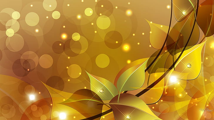 Changing to Gold, abstract, gold, fall, collage, amber, shine, leaves, glow, autumn, HD wallpaper