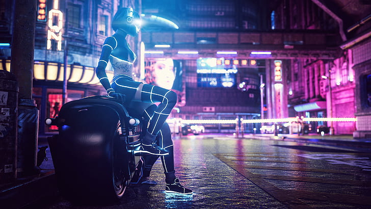 digital, digital art, artwork, illustration, futuristic, futuristic city, cyber, cyberpunk, lights, city, city lights, landscape, women, vehicle, transport, science fiction, neon, neon lights, biker, bikes, night, street, fantasy girl, urban, pink, HD wallpaper