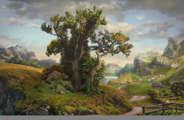 Ilustración del árbol verde, camino, nubes, paisaje, montañas, lago, árbol, la cerca, hogar, pueblo, arte, Daniel Romanovsky, Fondo de pantalla HD