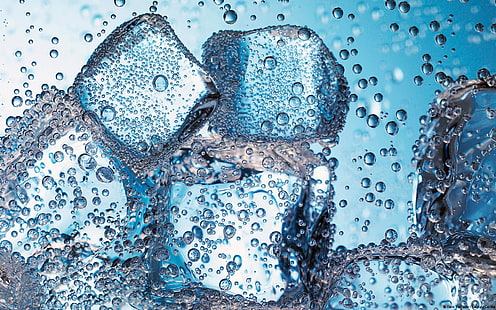 много кубиков льда, кубики льда, лед, вода, пузыри, синий, голубой, подводный, макро, свежий, HD обои HD wallpaper