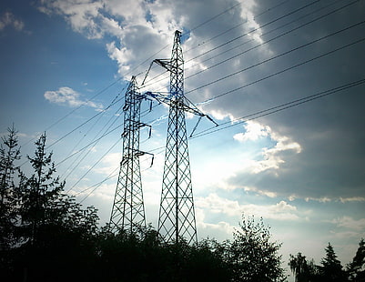 الكهرباء ، خطوط الكهرباء ، عمود المرافق ، السماء ، الجهد العالي، خلفية HD HD wallpaper