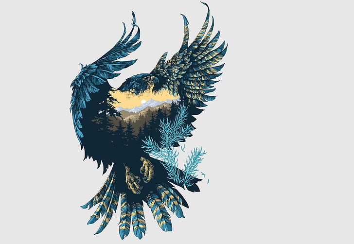 niebieski i czarny orzeł z ilustracją tła lasu, natura, tło, ptak, skrzydła, sztuka, Sokół, Tapety HD