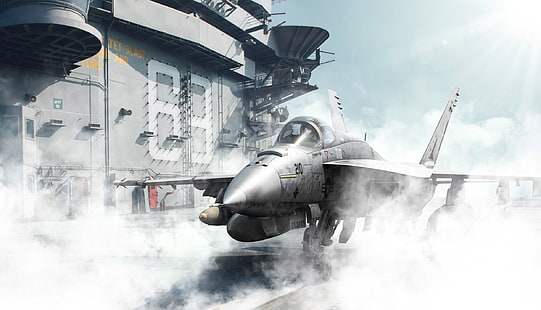 Боен самолет, Boeing F / A-18E / F Super Hornet, Самолетоносач, Военен кораб, HD тапет HD wallpaper