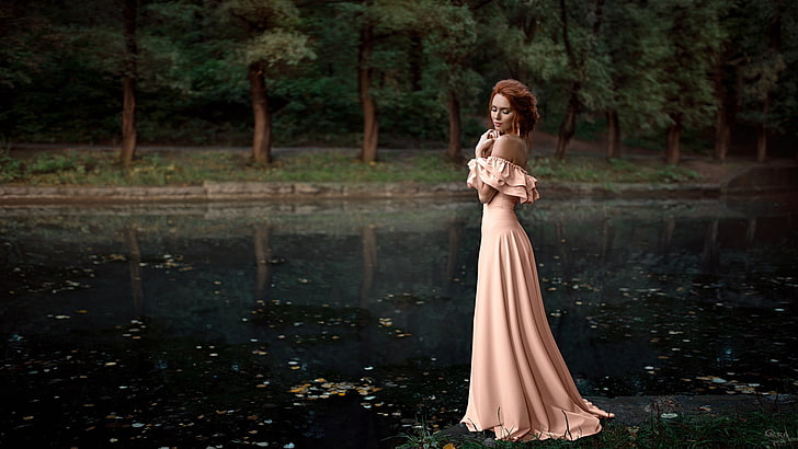 woman wearing pink off-shoulder dress, Georgy Chernyadyev, women, women outdoors, redhead, dress, strapless dress, nature, lake, trees, HD wallpaper