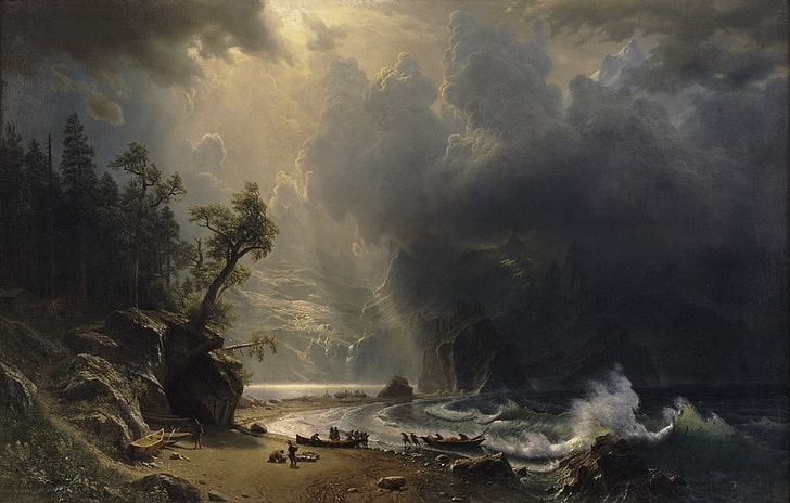 tsunami, nuages, lumière, montagnes, rochers, rivage, vague, bateaux, albert bierstadt, Fond d'écran HD