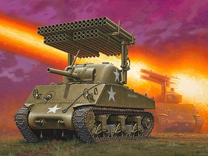 brown Sherman tank with missile launcher, fire, art, tank, American, installation, for, average, Sherman, T34, WW2., leads, launcher, M4A3, developed, 114 mm, 1944., positions, calliope, Greek, German, rocket, tubular, France, guide, missiles M8, Prekrasnaya, HD wallpaper HD wallpaper