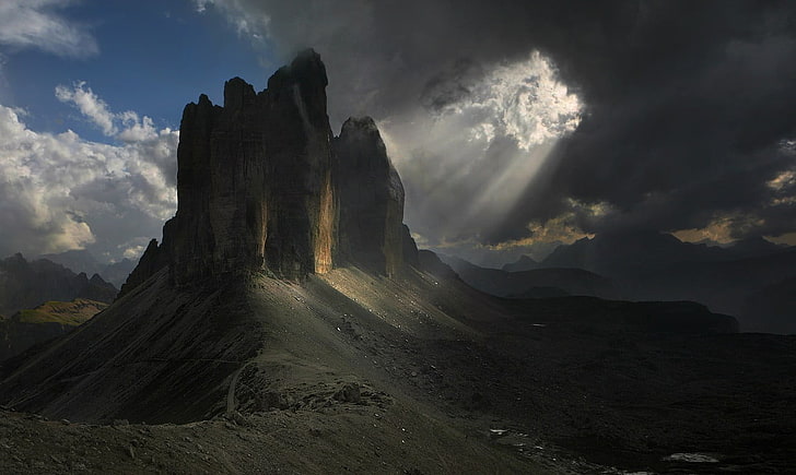 rock formation, mountains, sun rays, Dolomites (mountains), clouds, Alps, cliff, morning, nature, landscape, HD wallpaper