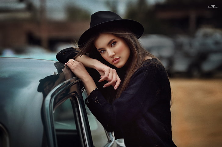 женщины, Дмитрий Архар, портрет, шляпа, женщины с автомобилями, женщины с шляпами, черная шляпа, шитье, черный свитер, Ксения, HD обои