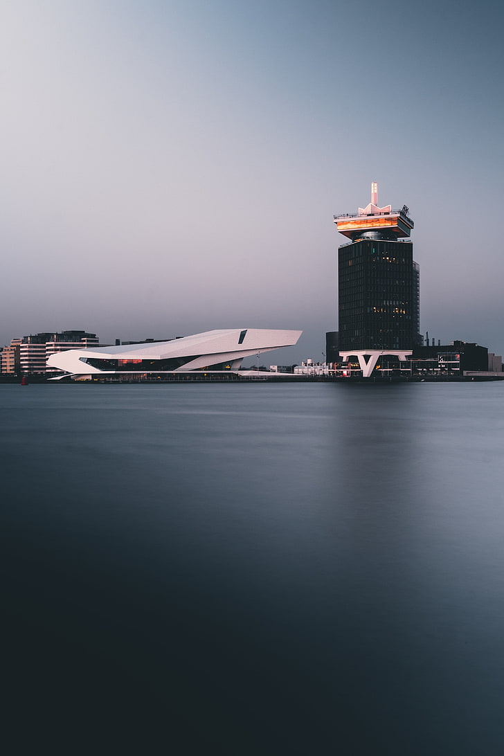 black building, amsterdam, netherlands, building, shore, HD wallpaper