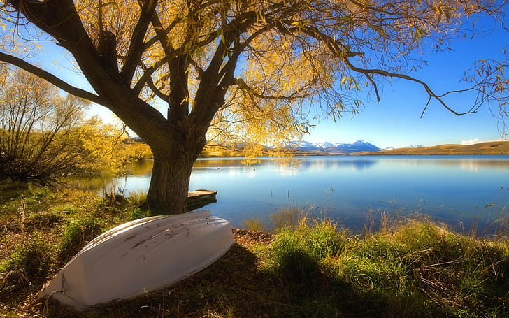 water, trees, nature, boat, lake, HD wallpaper