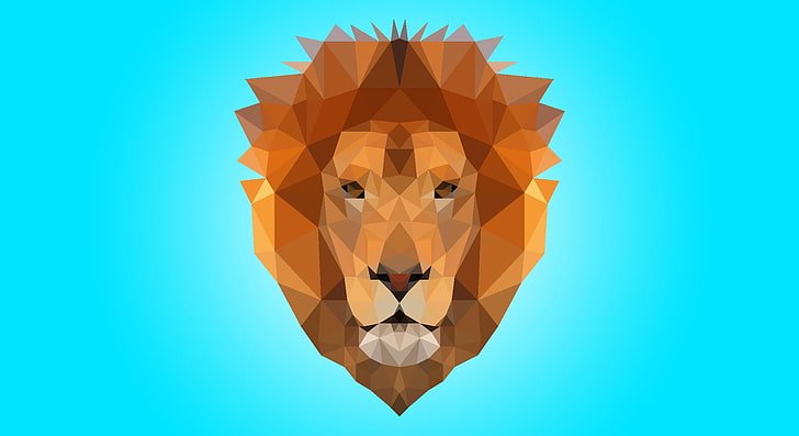 fond d'écran de lion brun, lion, low poly, bleu, marron, Bête (personnage), triangle, cyan, orange, fond cyan, symétrie, Fond d'écran HD