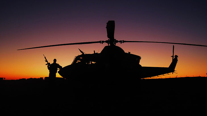 wojskowe, samoloty, samoloty wojskowe, helikoptery, Bell CH-146 Griffon, Royal Canadian Air Force, sylwetka, cień, zachód słońca, Tapety HD