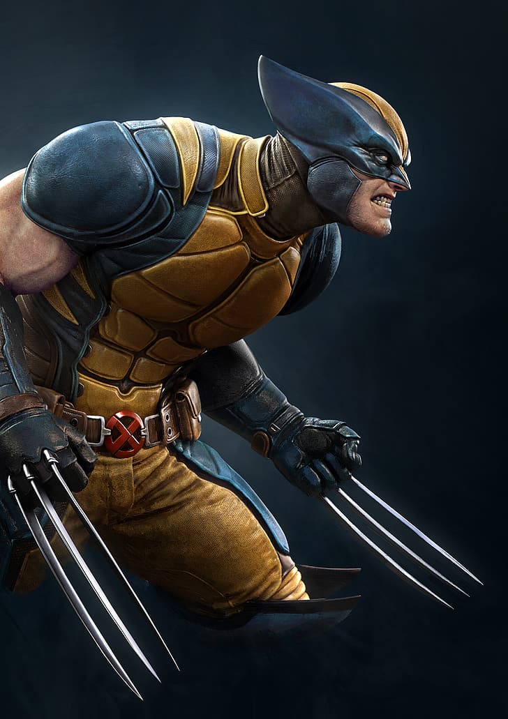 X-Men, Wolverine, artigli, grafica, sfondo blu, Mutant, Sfondo HD, sfondo telefono