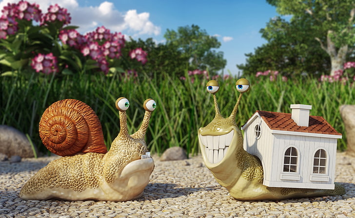 deux figurines d'escargot, escargot, artwork, Fond d'écran HD