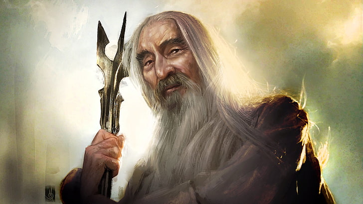 man holding gray weapon illustration, Saruman, The Lord of the Rings, wizard, beards, artwork, fantasy art, staff, old people, Christopher Lee, portrait, HD wallpaper