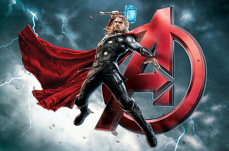 Marvel Studios Thor digital wallpaper, Avengers: Age of Ultron, Thor, Chris Hemsworth, lightning, superhero, Mjolnir, The Avengers, HD wallpaper HD wallpaper