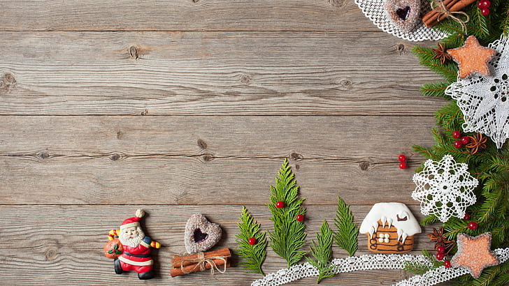 dekorasi natal, natal, kayu, kayu, kue, roti jahe, Wallpaper HD
