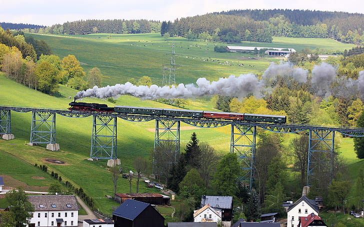 Erzgebirge, Saxony, Germany, bridge, train, pasture, houses, Erzgebirge, Saxony, Germany, Bridge, Train, Pasture, Houses, HD wallpaper