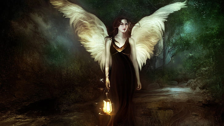 dziewczyna fantasy, skrzydła, latarnia, sztuka fantasy, grafika, anioł, Tapety HD