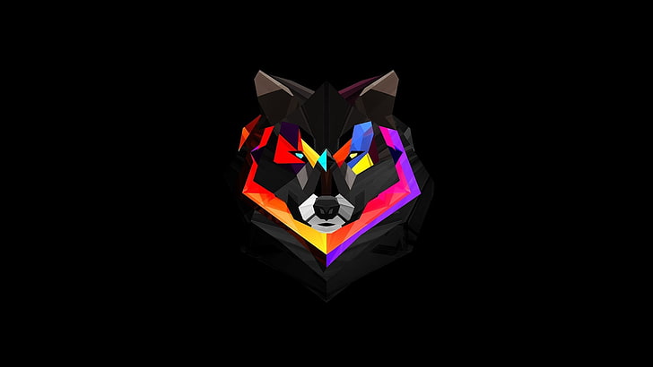 seni vektor merah, coklat, dan serigala ungu, poli rendah, serigala, latar belakang hitam, hewan, seni digital, Wallpaper HD