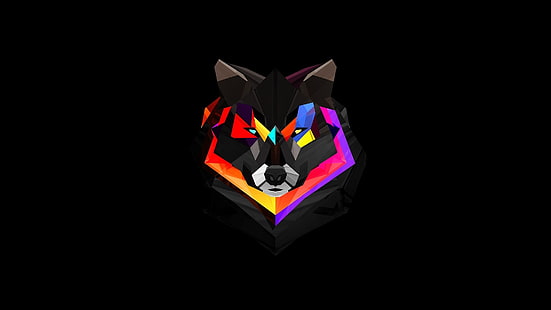 seni vektor merah, coklat, dan serigala ungu, poli rendah, serigala, latar belakang hitam, hewan, seni digital, Wallpaper HD HD wallpaper
