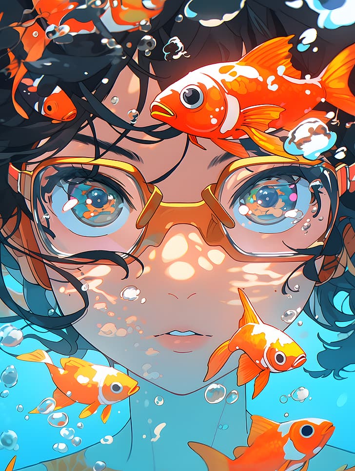 women, goldfish, realistic, water, HD wallpaper