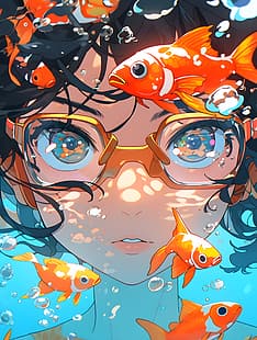 жени, златни рибки, реалистични, вода, HD тапет HD wallpaper