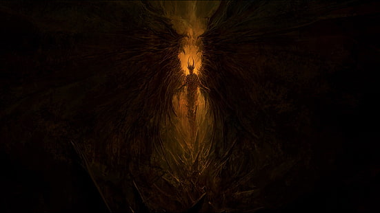 коричневый и желтый демон с крыльями цифровые обои, демон, дьяволы, малиновый, крис холодный, темный, HD обои HD wallpaper