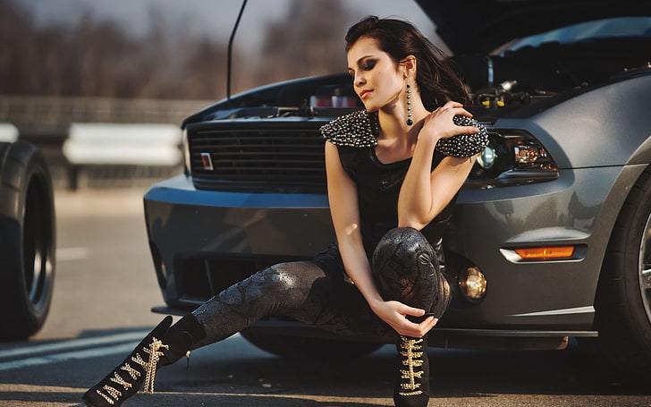 brunette, Ford Mustang, model, Sati Kazanova, women, Women With Cars, HD wallpaper