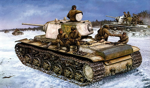 brown battle tank illustration, war, art, painting, ww2, russian tank, russian infantry, KV-1, red army, HD wallpaper HD wallpaper