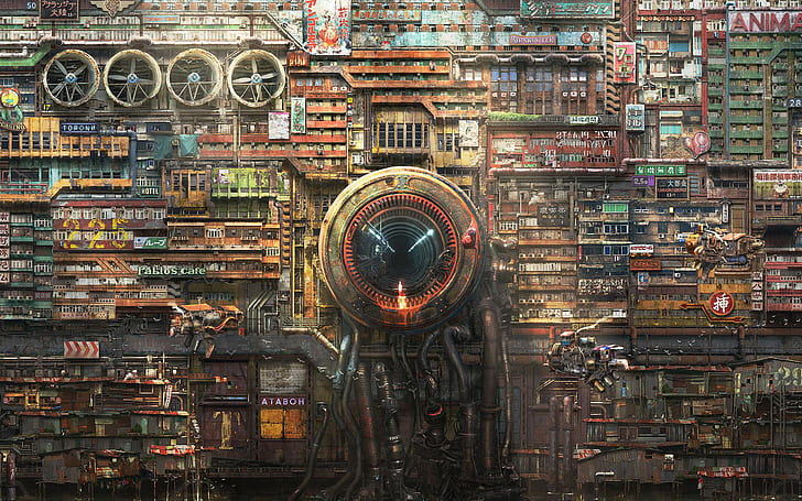 trabalho artístico, cyberpunk, arte digital, futurista, Toshio Hatanaka, HD papel de parede