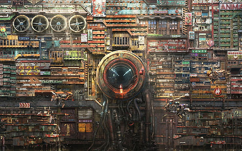 trabalho artístico, cyberpunk, arte digital, futurista, Toshio Hatanaka, HD papel de parede HD wallpaper