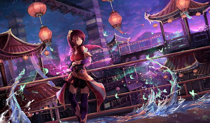 рыжеволосая девушка аниме персонаж цифровые обои, аниме, аниме девушки, оригинальные персонажи, фонарь, бедра, рыжий, здание, фиолетовые глаза, HD обои