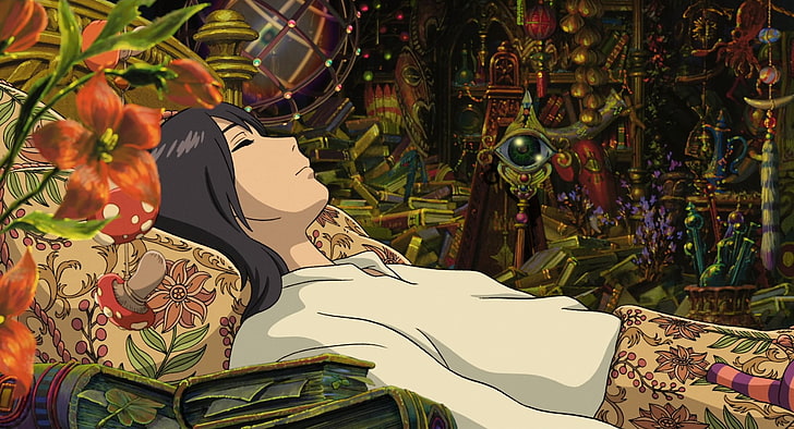 femme avec haut blanc et fond floral marron personnage anime, anime, Studio Ghibli, Fond d'écran HD