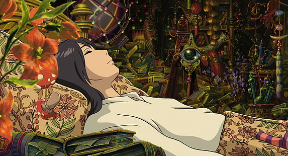 femme avec haut blanc et fond floral marron personnage anime, anime, Studio Ghibli, Fond d'écran HD HD wallpaper