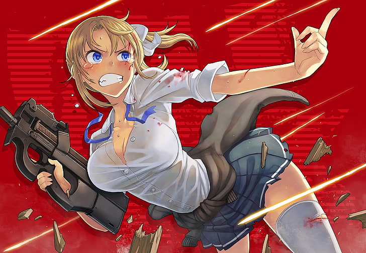 Kobieta postać z anime trzymająca P90 karabin szturmowy Tapeta, FN P90, mundurek szkolny, oryginalne postacie, anime dziewczyny, Tapety HD
