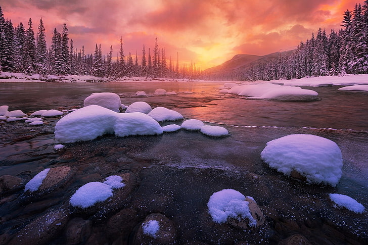 natureza, paisagem, inverno, floresta, neve, rio, frio, montanhas, céu, Parque Nacional de Banff, Canadá, HD papel de parede