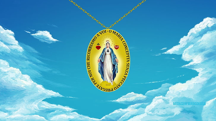 Medals, sky, clouds, gold, Virgin Mary, HD wallpaper