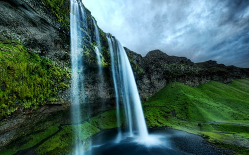 Vackra nedgångar, berg, vattenfall, sten, natur, vacker, grön, kulle, 3d och abstrakt, HD tapet HD wallpaper