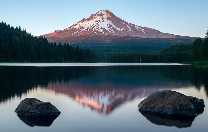 fotografi refleksi gunung, Danau Trillium, Gunung Hood, danau, air, gunung, puncak bersalju, Wallpaper HD