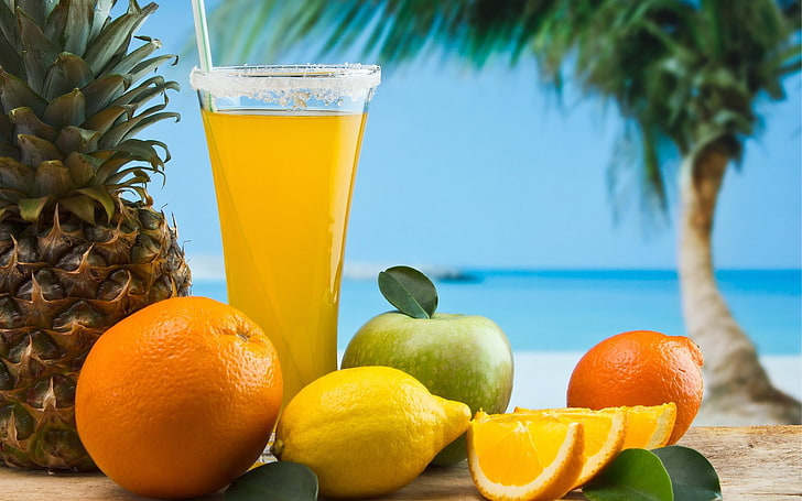 koktail, nanas, buah, gelas minum, Wallpaper HD