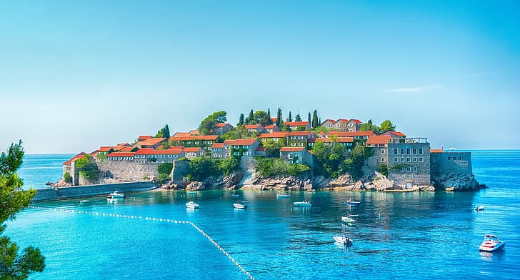 Home, The city, Bay, Boats, Coast, Montenegro, Budva, Sveti Stefan, HD wallpaper