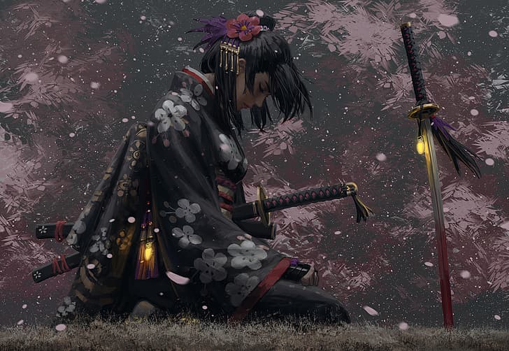 GUWEIZ, seni digital, karya seni, katana, kimono, pedang, Wallpaper HD
