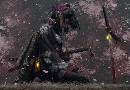 ГУВЕЙС, цифровое искусство, произведение искусства, катана, кимоно, меч, HD обои HD wallpaper