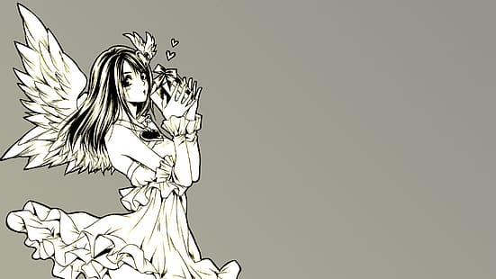  Rinoa Heartilly, Final Fantasy, Final Fantasy VIII, black hair, monochrome, sleeveless, strapless dress, hair ornament, looking at viewer, angel, angel wings, feathers, gift, presents, elbow gloves, gloves, Frill dress, hearts, black eyes, blush, blushing, simple background, gray background, shoulder length hair, bare shoulders, video games, Square Enix, squaresoft, retro games, video game girls, HD wallpaper HD wallpaper