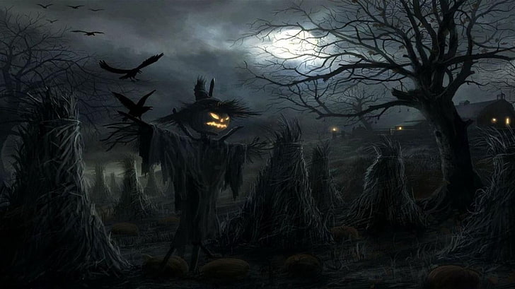 orang-orangan sawah yang menakutkan dikelilingi oleh pohon-pohon telanjang di bawah karya seni halloween bulan, Halloween, karya seni, Wallpaper HD