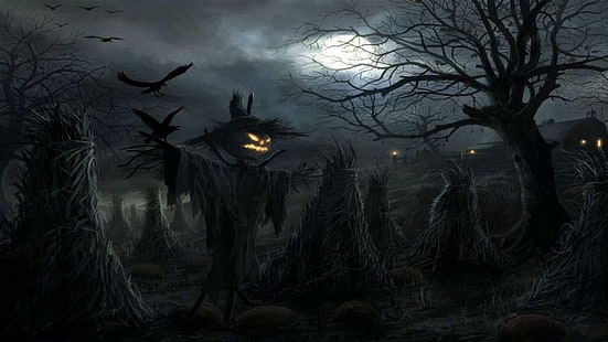 straszny strach na wróble otoczony nagimi drzewami pod księżycem grafika halloween, Halloween, grafika, Tapety HD HD wallpaper